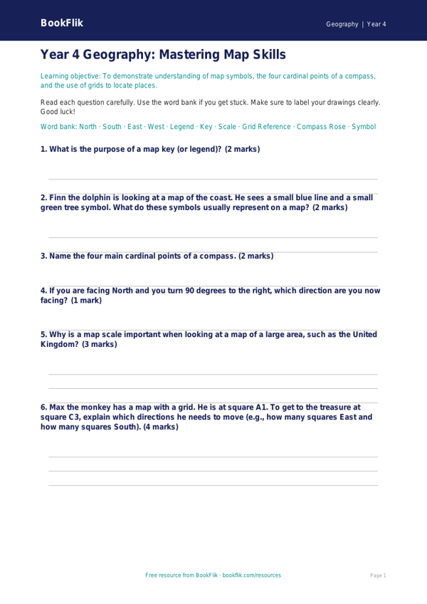 Free Map Skills Assessment | Year 4 Core | BookFlik worksheet preview — Geography Map Skills
