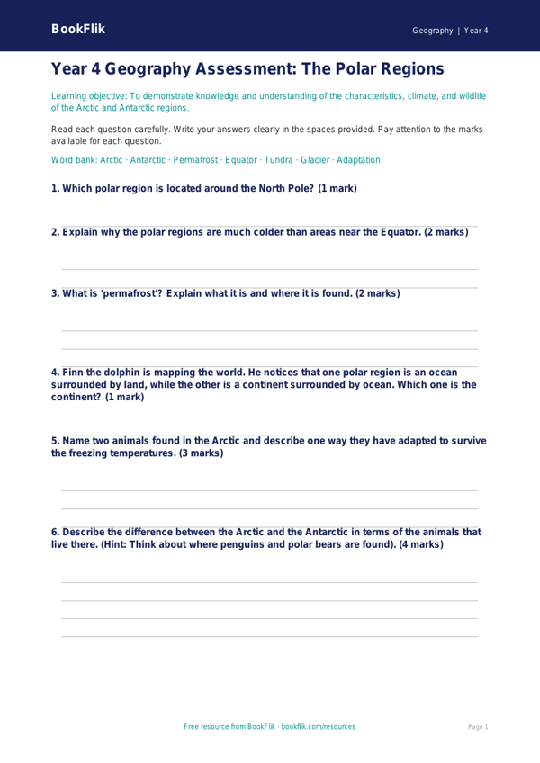 Free Polar Regions Assessment | Year 4 Core | BookFlik worksheet preview — Geography Polar Regions