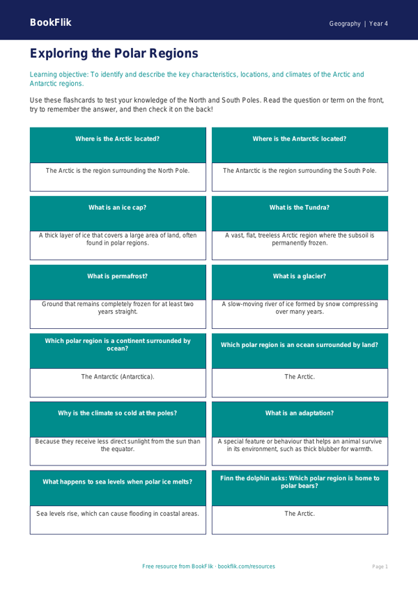 Free Polar Regions Flashcards | Year 4 Core | BookFlik worksheet preview — Geography Polar Regions