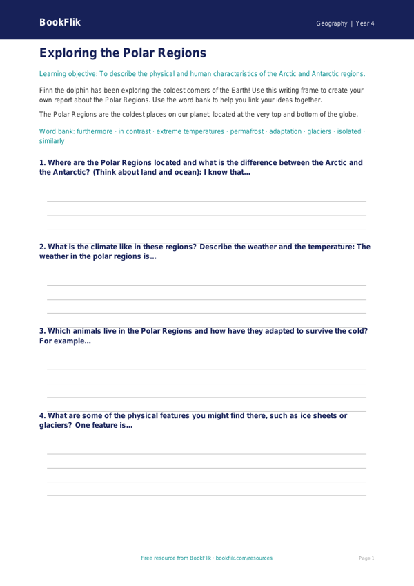 Free Polar Regions Writing Frame | Year 4 Core | BookFlik worksheet preview — Geography Polar Regions