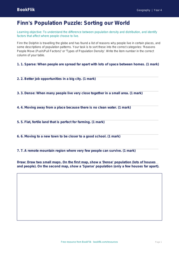 Free Population Activity Sheet | Year 4 Core | BookFlik worksheet preview — Geography Population