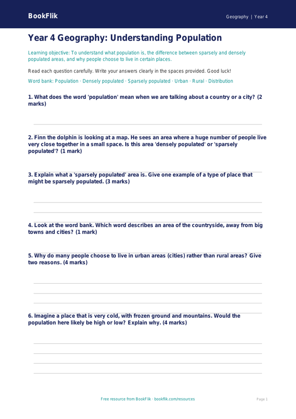 Free Population Assessment | Year 4 Core | BookFlik worksheet preview — Geography Population