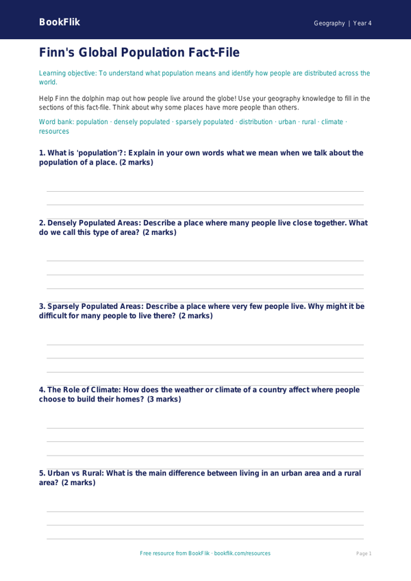 Free Population Template | Year 4 Core | BookFlik worksheet preview — Geography Population