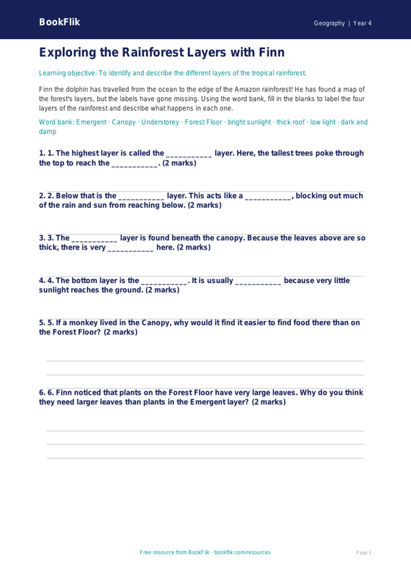 Free Rainforests Activity Sheet | Year 4 Core | BookFlik worksheet preview — Geography Rainforests