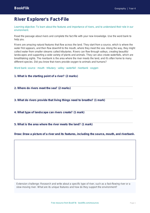 Free Rivers Template | Year 4 Core | BookFlik worksheet preview — Geography Rivers