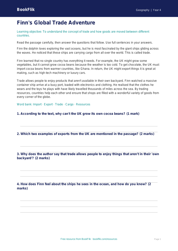 Free Trade Comprehension | Year 4 Core | BookFlik worksheet preview — Geography Trade