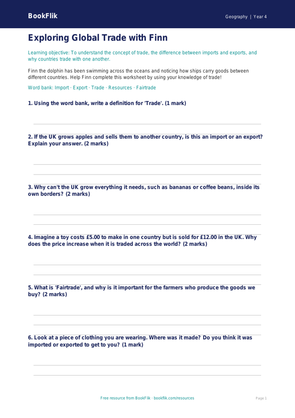 Free Trade Worksheet | Year 4 Core | BookFlik worksheet preview — Geography Trade
