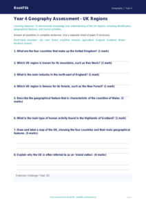 Free UK Regions Assessment | Year 4 Geography | BookFlik