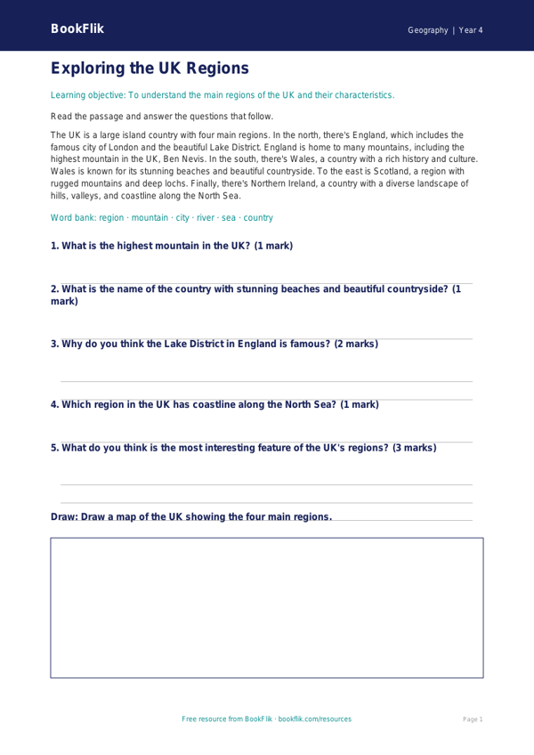Free Uk Regions Comprehension | Year 4 Core | BookFlik worksheet preview — Geography Uk Regions