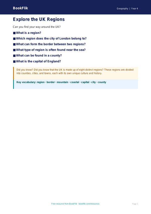 Free UK Regions Map for Year 4 Geography | BookFlik worksheet preview — Geography Uk Regions