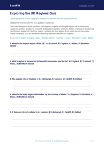 Free UK Regions Quiz | Year 4 Geography | BookFlik