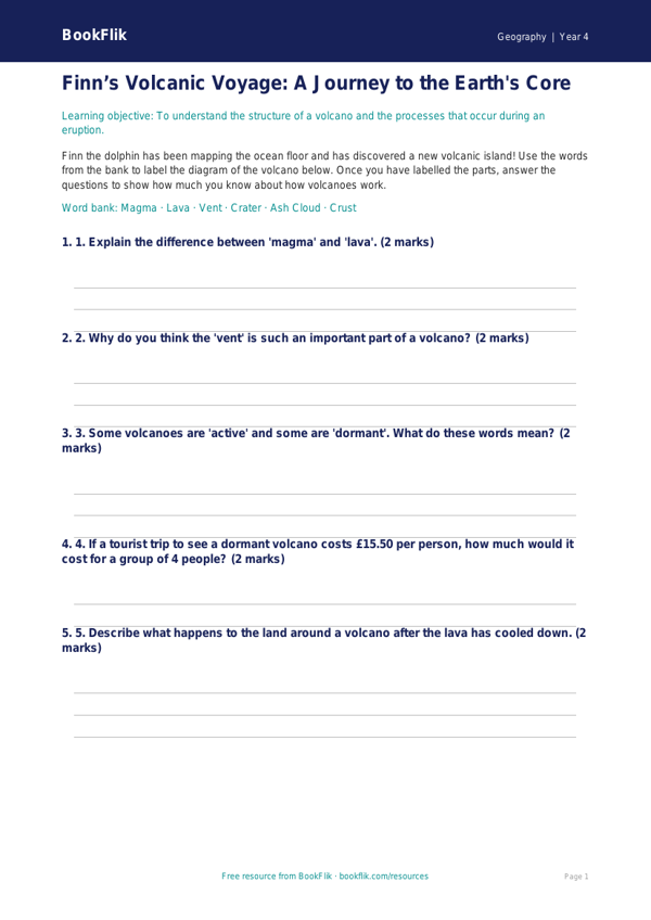 Free Volcanoes Activity Sheet | Year 4 Core | BookFlik worksheet preview — Geography Volcanoes
