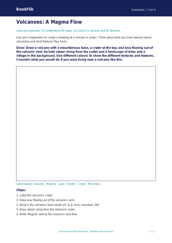 Free Volcanoes Drawing Sheet | Year 4 Core | BookFlik worksheet preview — Geography Volcanoes