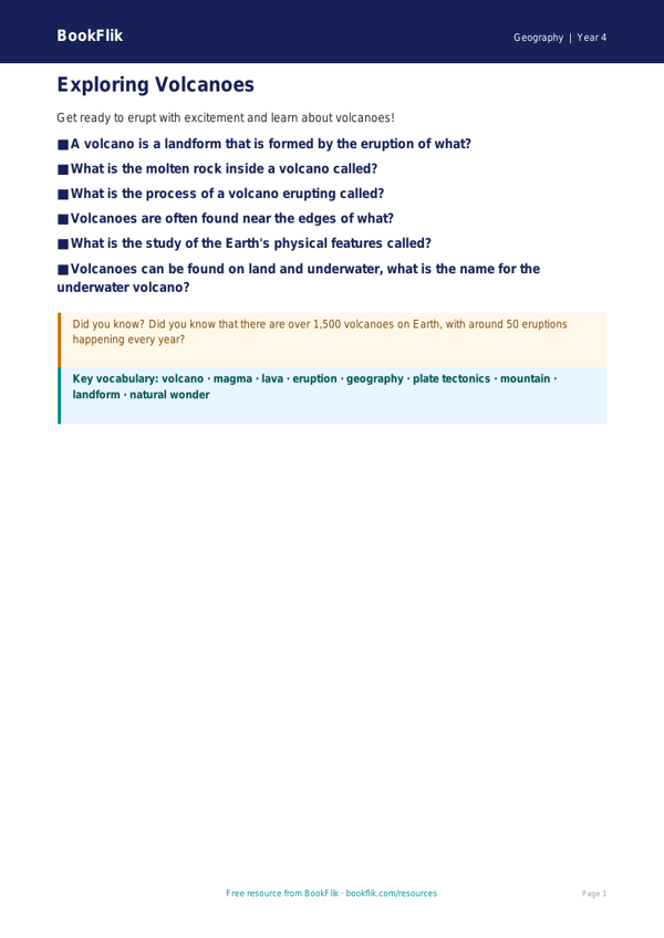 Free Volcanoes Educational Worksheet | Year 4 Science | Download Now worksheet preview — Geography Volcanoes