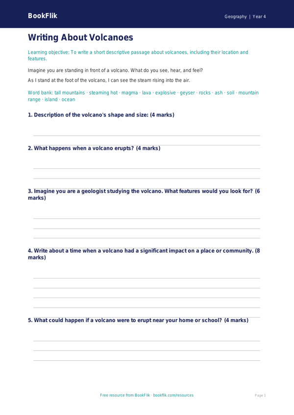 Free Volcanoes Writing Frame | Year 4 Core | BookFlik worksheet preview — Geography Volcanoes
