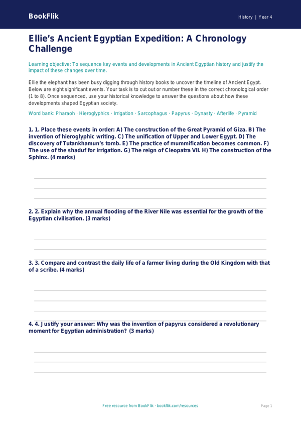 Free Ancient Egypt Activity Sheet | Year 4 Greater Depth | BookFlik worksheet preview — History Ancient Egypt