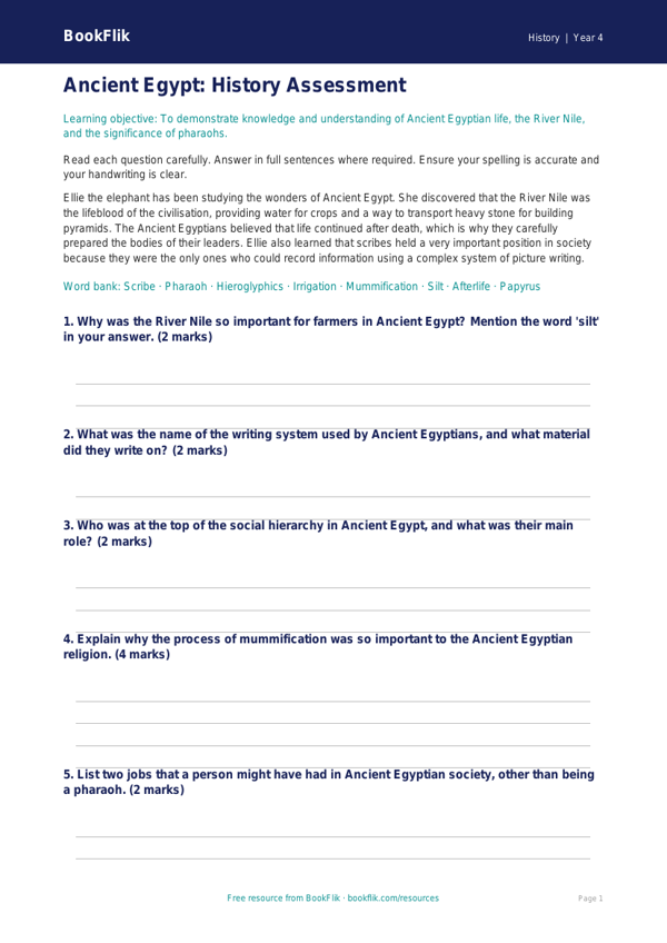 Free Ancient Egypt Assessment | Year 4 Core | BookFlik worksheet preview — History Ancient Egypt