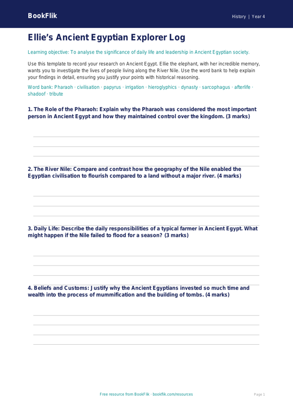 Free Ancient Egypt Worksheet | Year 4 Greater Depth | BookFlik worksheet preview — History Ancient Egypt