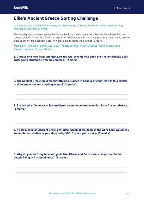 Free Ancient Greece Activity Sheet | Year 4 Core | BookFlik worksheet preview — History Ancient Greece