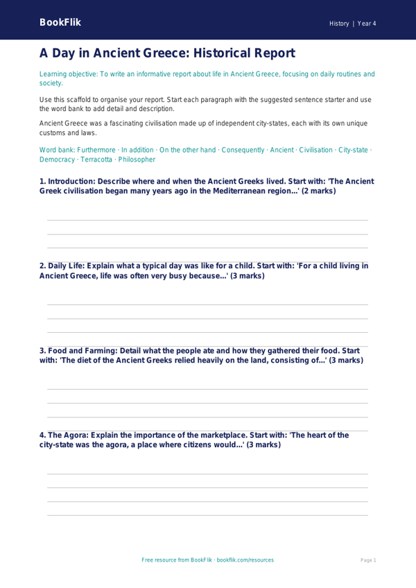 Free Ancient Greece Writing Frame | Year 4 Core | BookFlik worksheet preview — History Ancient Greece