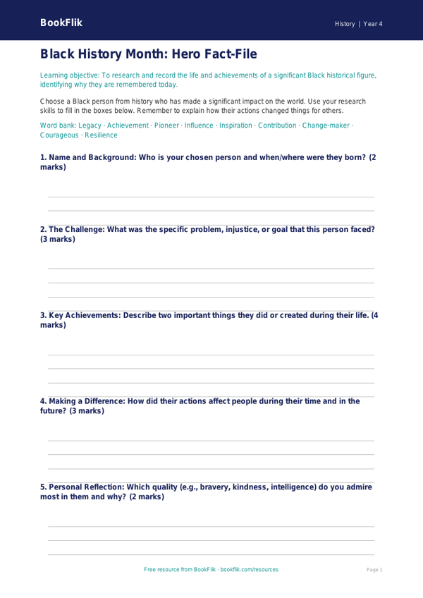 Free Black History Month Template | Year 4 Core | BookFlik worksheet preview — History Black History Month