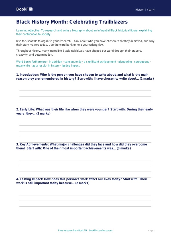 Free Black History Month Writing Frame | Year 4 Core | BookFlik worksheet preview — History Black History Month