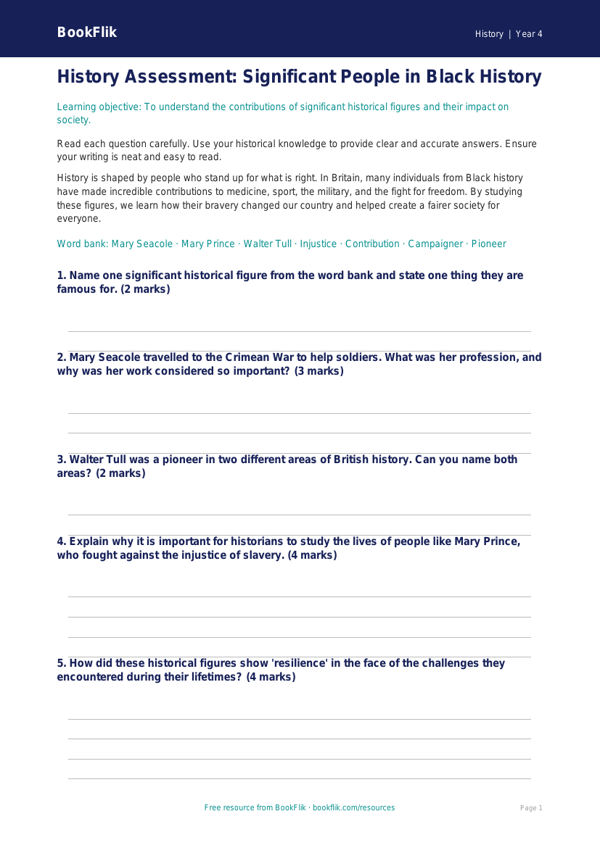 Free Black History Assessment | Year 4 Core | BookFlik worksheet preview — History Black History