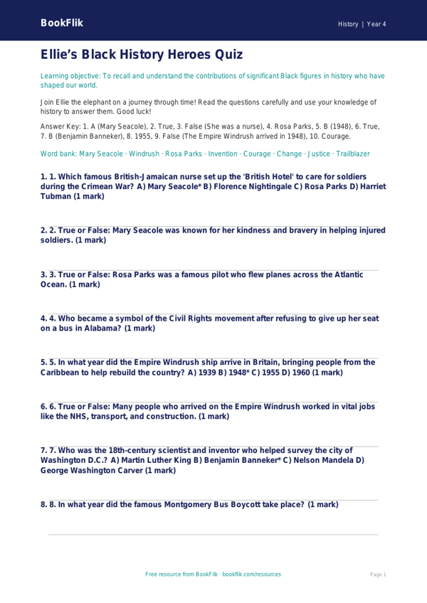 Free Black History Quiz | Year 4 Core | BookFlik worksheet preview — History Black History