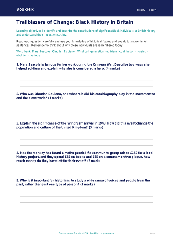 Free Black History Worksheet | Year 4 Core | BookFlik worksheet preview — History Black History