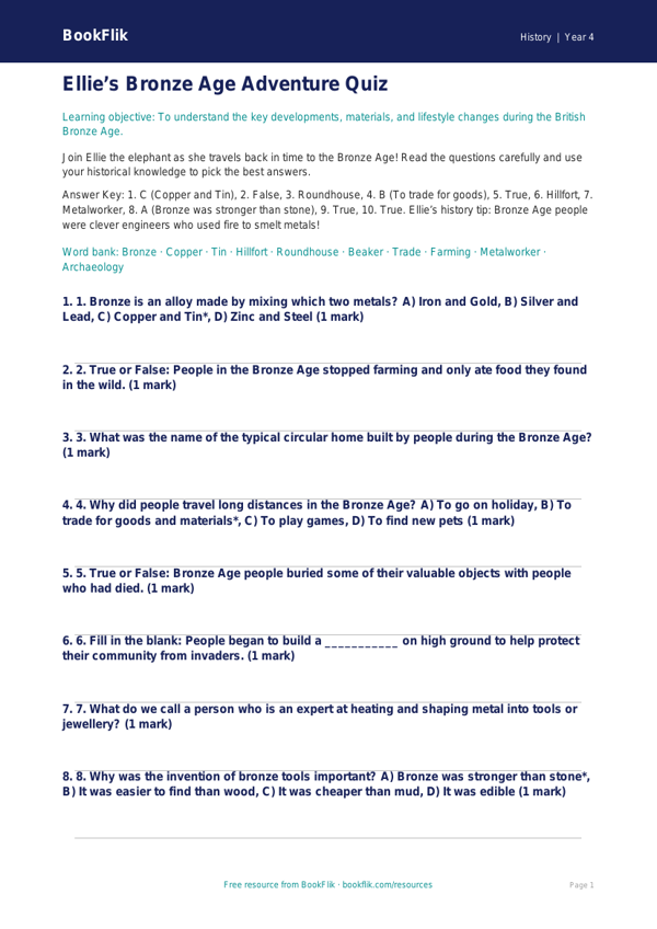 Free Bronze Age Quiz | Year 4 Core | BookFlik worksheet preview — History Bronze Age