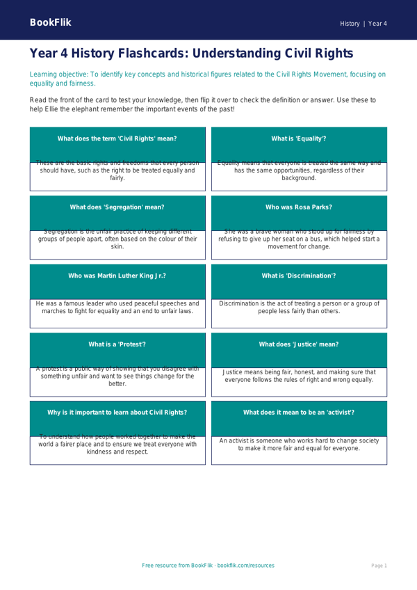 Free Civil Rights Flashcards | Year 4 Core | BookFlik worksheet preview — History Civil Rights