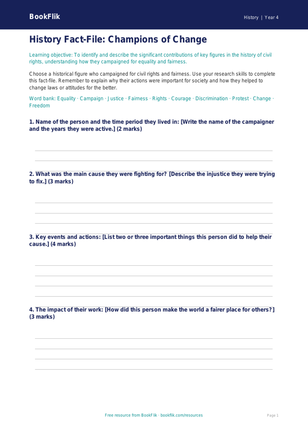 Free Civil Rights Worksheet | Year 4 History Lesson | BookFlik worksheet preview — History Civil Rights