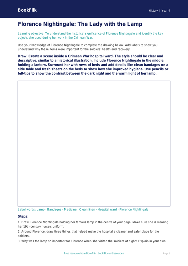 Free Florence Nightingale Drawing Sheet | Year 4 Core | BookFlik worksheet preview — History Florence Nightingale