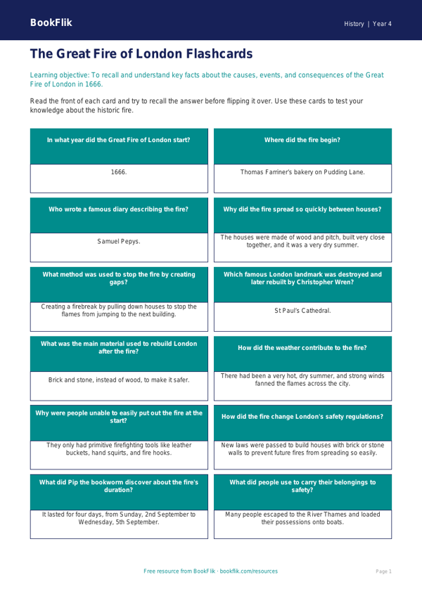 Free Great Fire Of London Flashcards | Year 4 Core | BookFlik worksheet preview — History Great Fire Of London