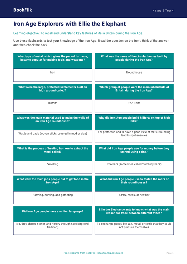 Free Iron Age Flashcards | Year 4 History Resources | BookFlik worksheet preview — History Iron Age