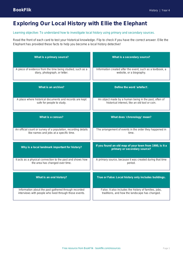 Free Local History Flashcards | Year 4 Core | BookFlik worksheet preview — History Local History