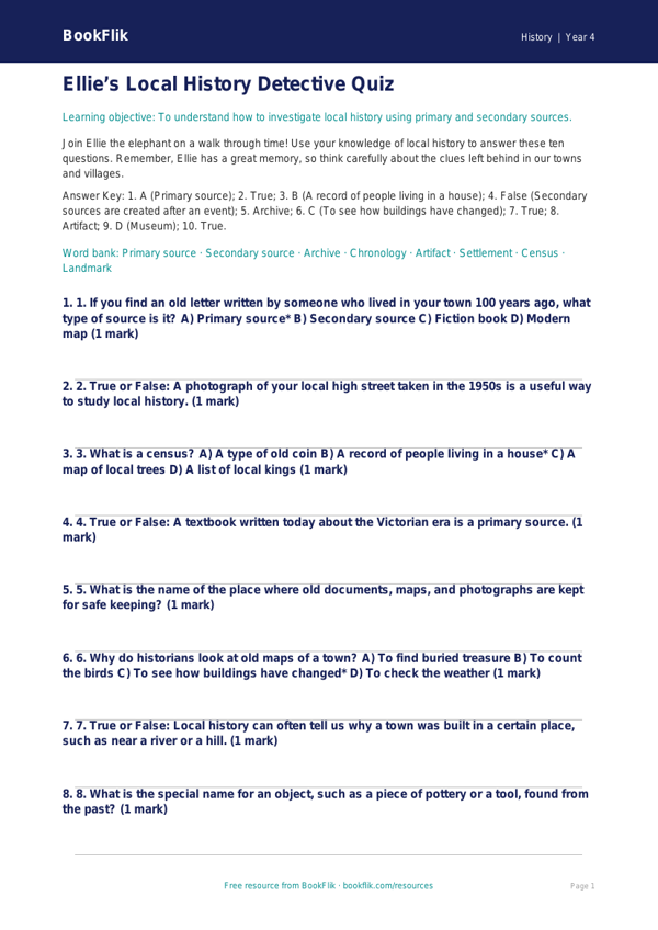Free Local History Quiz | Year 4 Core | BookFlik worksheet preview — History Local History
