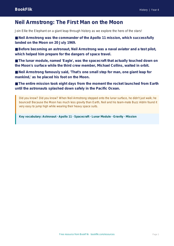 Free Neil Armstrong Poster | Year 4 Core | BookFlik worksheet preview — History Neil Armstrong