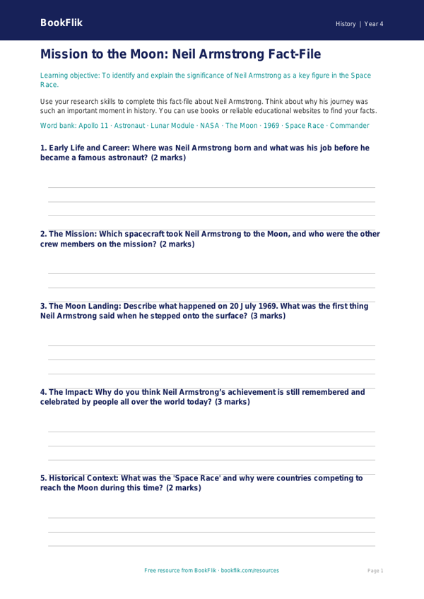 Free Neil Armstrong Template | Year 4 Core | BookFlik worksheet preview — History Neil Armstrong