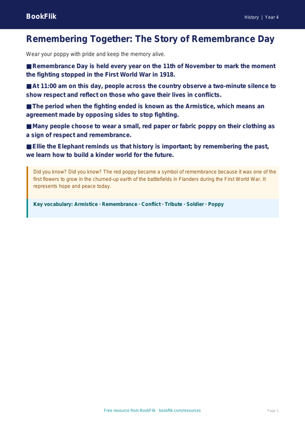 Free Remembrance Day Poster | Year 4 Core | BookFlik worksheet preview — History Remembrance Day