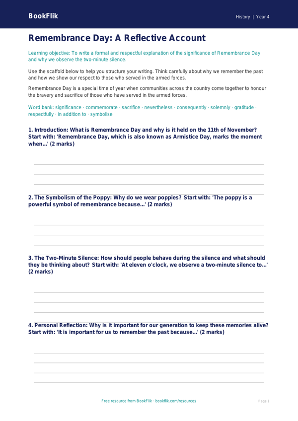 Free Remembrance Day Writing Frame | Year 4 Core | BookFlik worksheet preview — History Remembrance Day