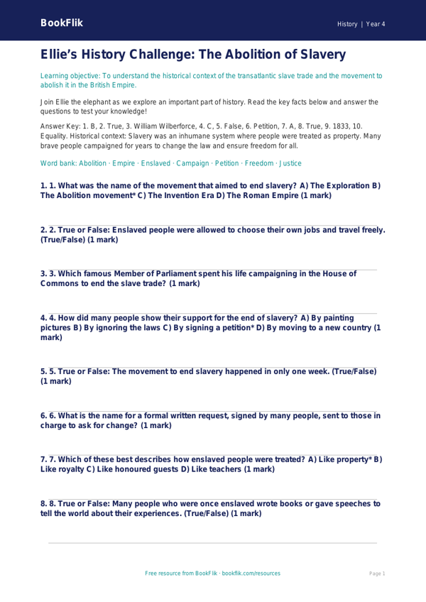 Free Slavery Quiz | Year 4 Core | BookFlik worksheet preview — History Slavery