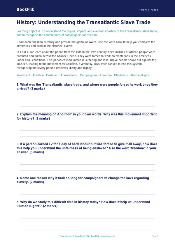 Free Slavery Worksheet | Year 4 Core | BookFlik worksheet preview — History Slavery