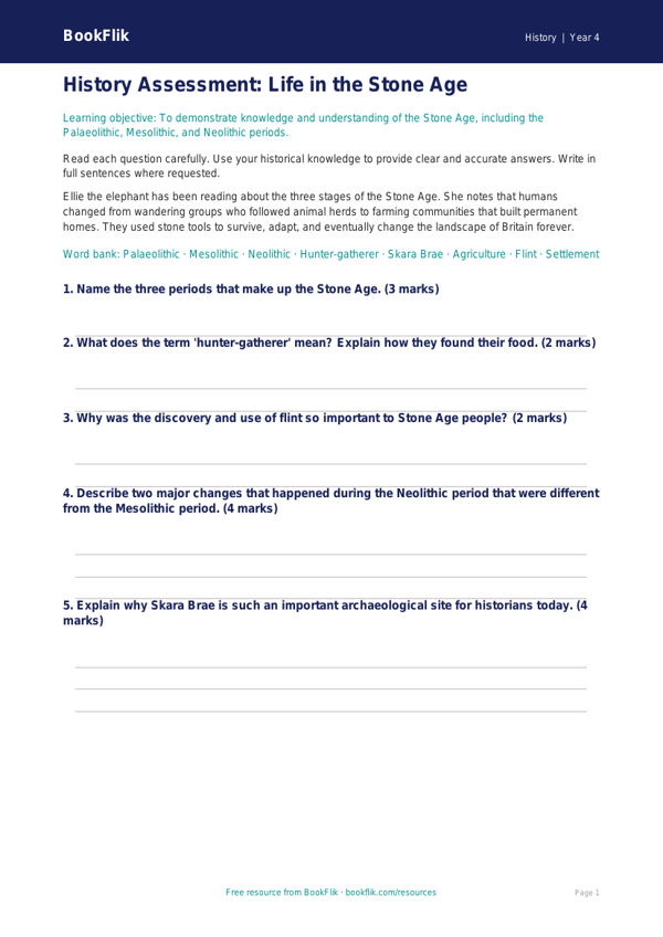 Free Stone Age Assessment | Year 4 Core | BookFlik worksheet preview — History Stone Age