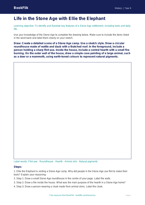 Free Stone Age Drawing Sheet | Year 4 Core | BookFlik worksheet preview — History Stone Age