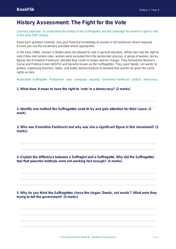 Free Suffragettes Assessment | Year 4 Core | BookFlik worksheet preview — History Suffragettes
