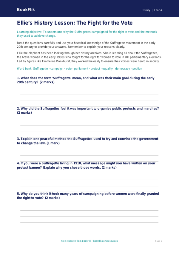 Free Suffragettes Worksheet | Year 4 Core | BookFlik worksheet preview — History Suffragettes