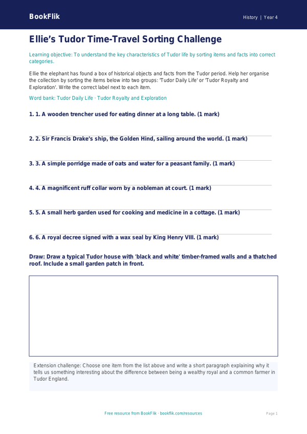 Free Tudors Activity Sheet | Year 4 Core | BookFlik worksheet preview — History Tudors