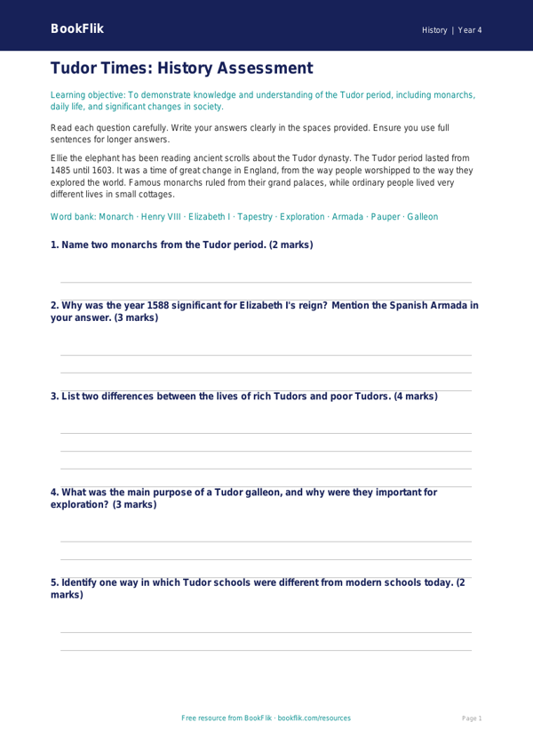 Free Tudors Assessment | Year 4 Core | BookFlik worksheet preview — History Tudors