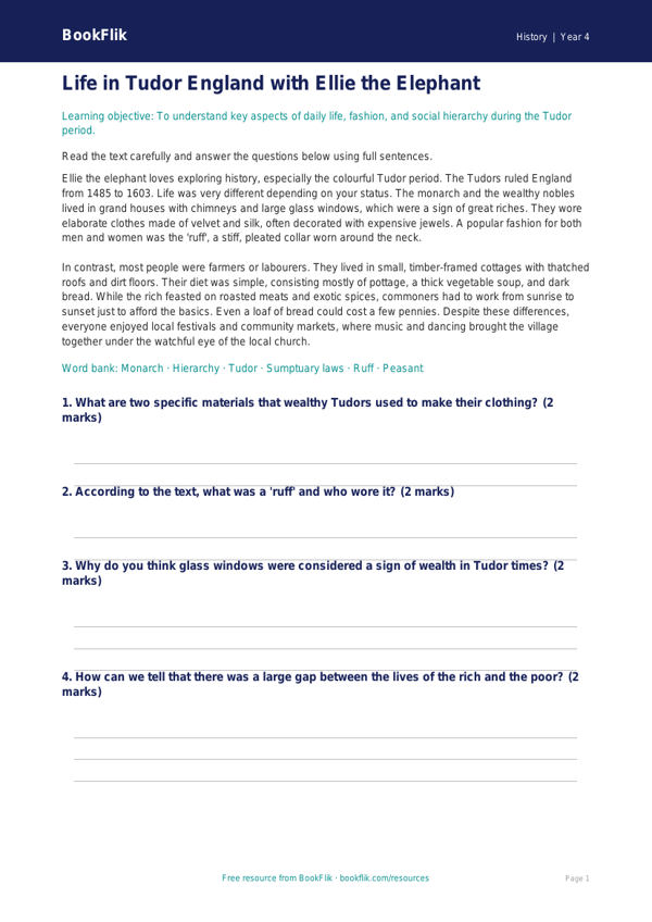 Free Tudors Comprehension | Year 4 Core | BookFlik worksheet preview — History Tudors